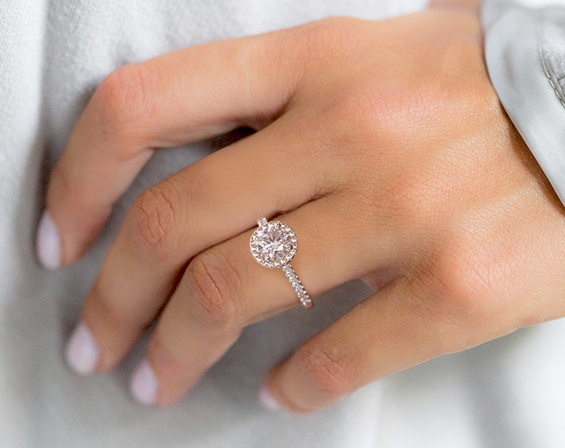 14K White Gold Pavé Halo And Shank Diamond Engagement Ring (Round Center)