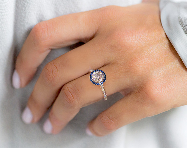 Platinum French Cut Pavé Blue Sapphire Engagement Ring- D color diamond