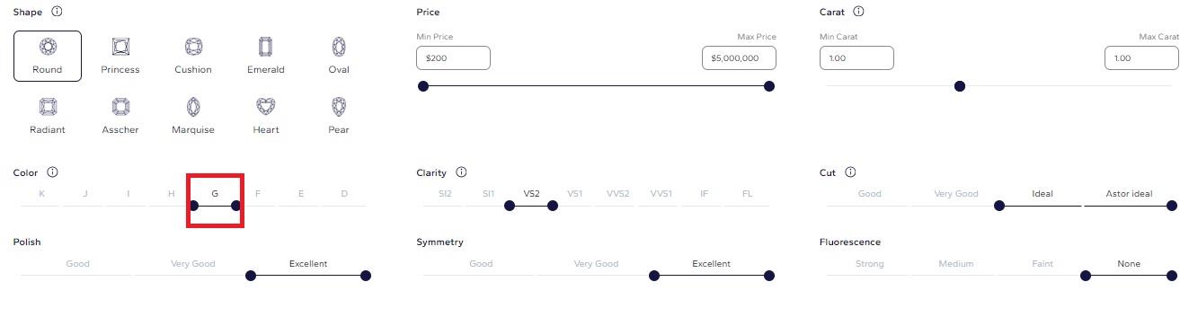 Average price of G color diamond - search filter on Blue Nile