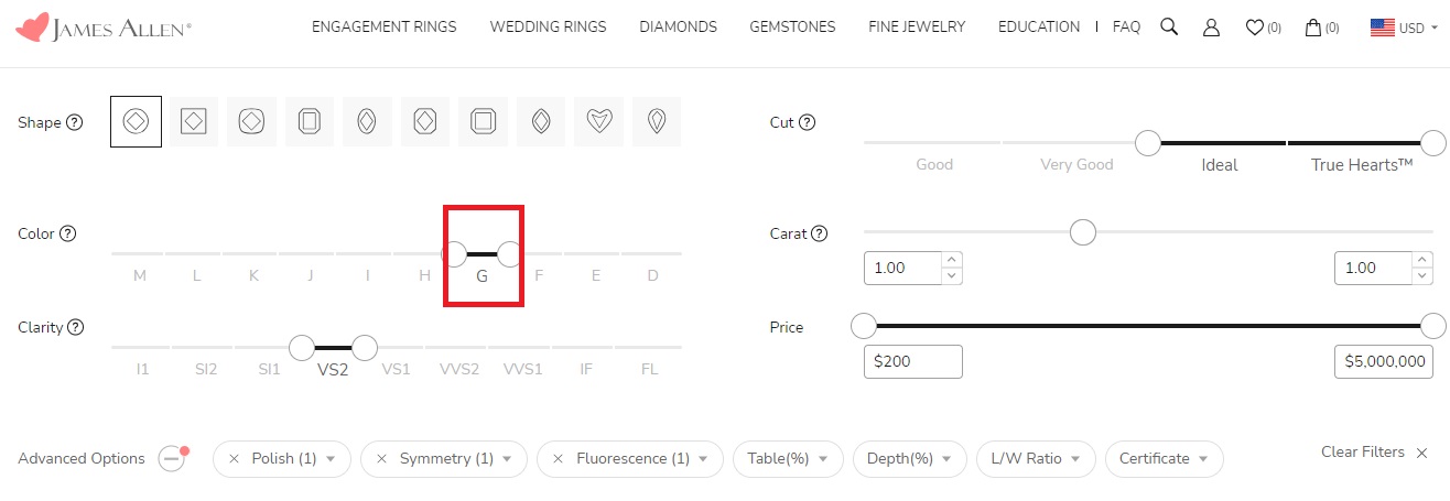 Average price of G color diamond - search filter on james allen
